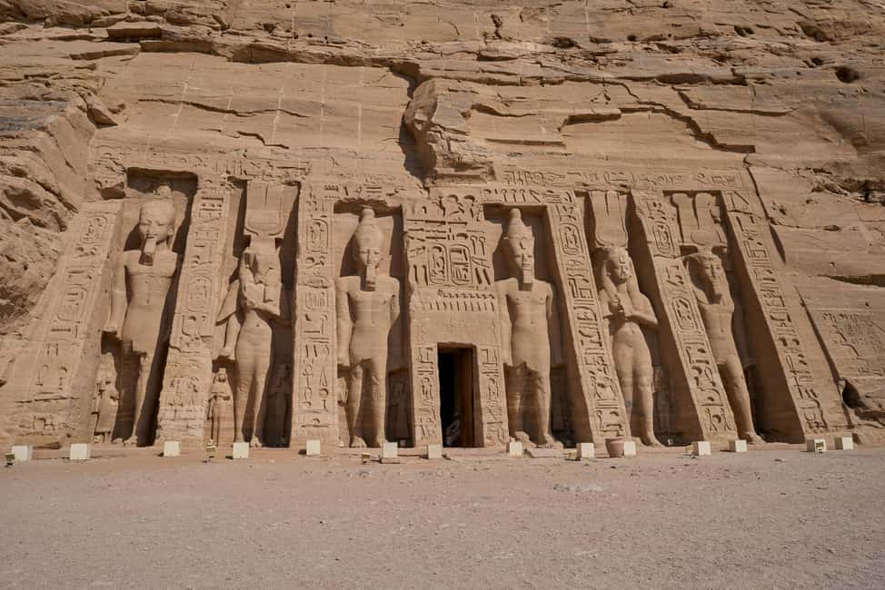 From Aswan: Trip to Abu Simbel by Bus - First Shock at Abu Simbel: The Four Colossal Ramses II Statues